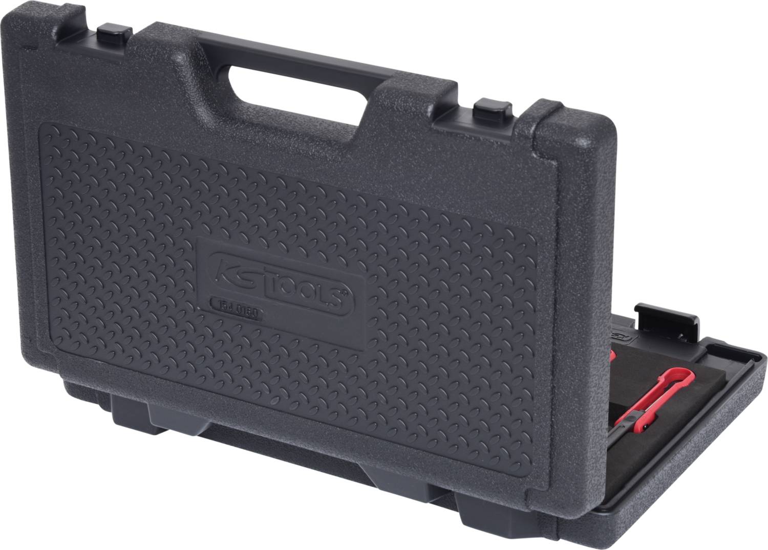 Czarny kufer narzędziowy z tworzywa sztucznego z uchwytem do przenoszenia i wytłoczonym logo. Częściowo otwarty, ukazujący czerwone narzędzia w środku.