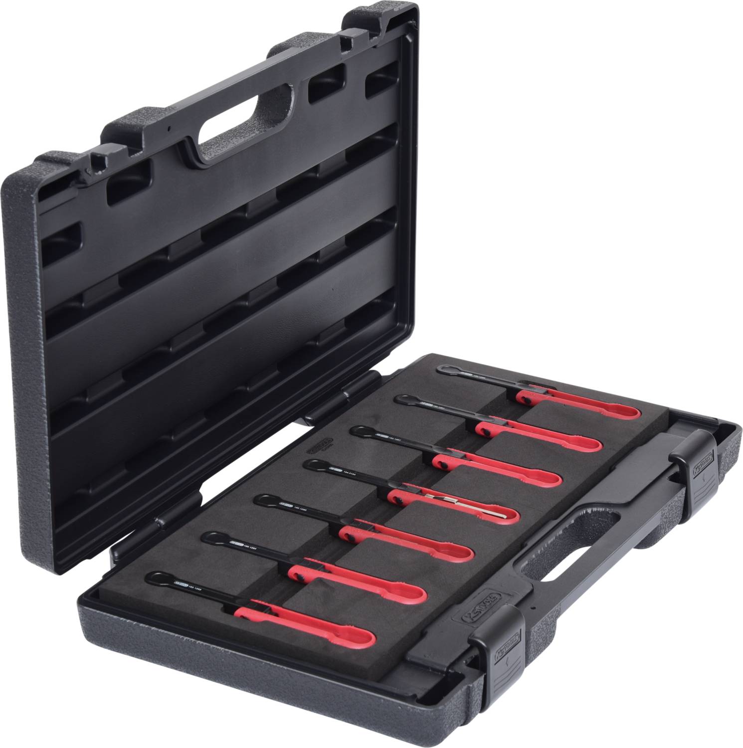 Otwarty czarny kufer z dziewięcioma czerwonymi narzędziami hakowymi, równomiernie ułożonymi w ukształtowanych uchwytach.