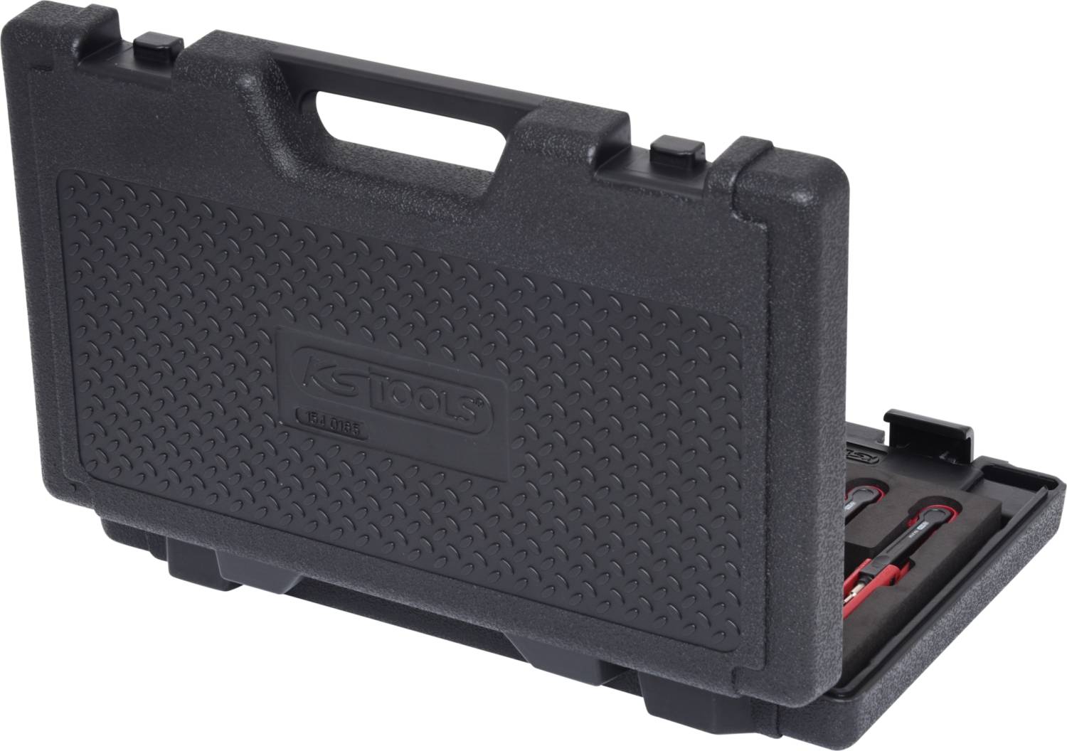 Czarny walizka na narzędzia z uchwytem, częściowo otwarta, ukazująca czerwone śrubokręty w środku. Idealna do bezpiecznego przechowywania narzędzi.
