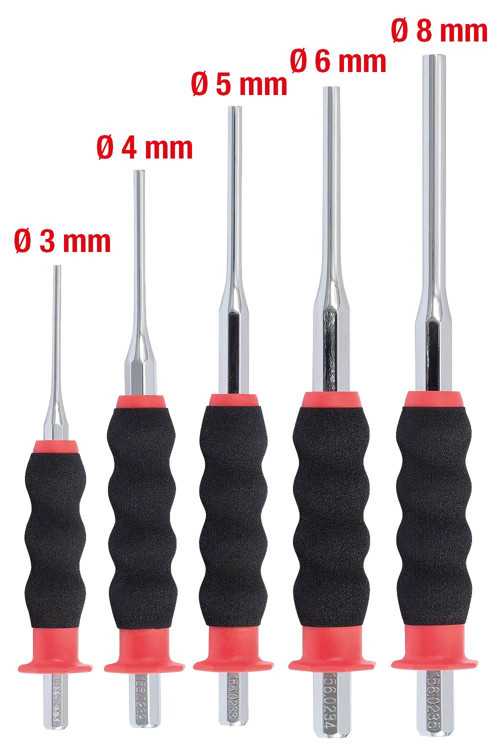 Zestaw pięciu wybijaków o różnych rozmiarach z antypoślizgowymi uchwytami w kolorze czarno-czerwonym. Wymiary: 3 mm, 4 mm, 5 mm, 6 mm, 8 mm.