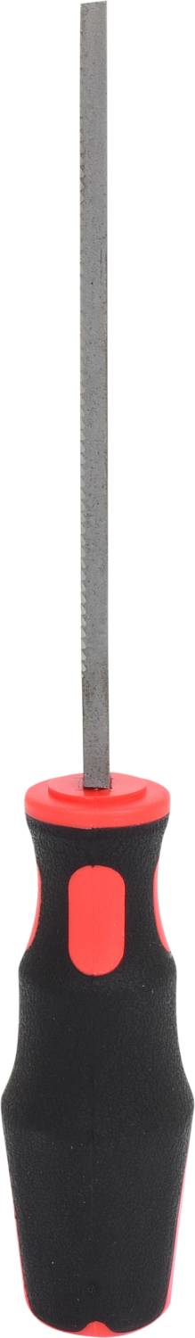 Pilnik płaski z czarną rękojeścią i czerwonymi akcentami, ustawiony pionowo.