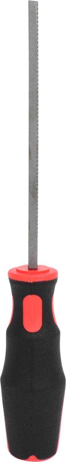 Zestaw pilników metalowych z ergonomicznym uchwytem w kolorze czarno-czerwonym, odpowiedni do precyzyjnego pilowania i obróbki metali oraz drewna.