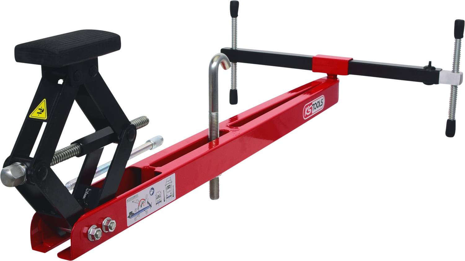 Czerwony mechaniczny podnośnik prasy sprzęgłowej, używany do instalacji sprzęgieł samochodowych; wyposażony w czarne elementy podnoszące.