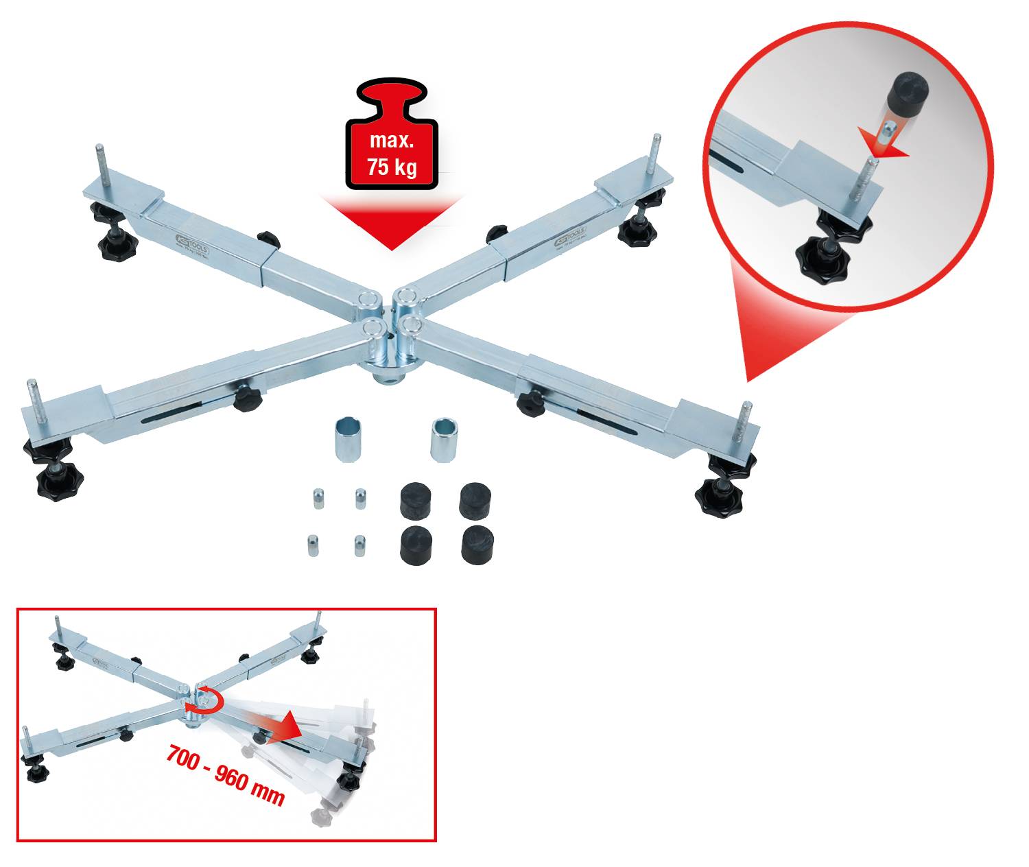 Uchwyt na urządzenia o maksymalnym udźwigu 75 kg, z regulowaną szerokością między 700 a 960 mm, wyposażony w antypoślizgowe stopki i możliwością rozbudowy.