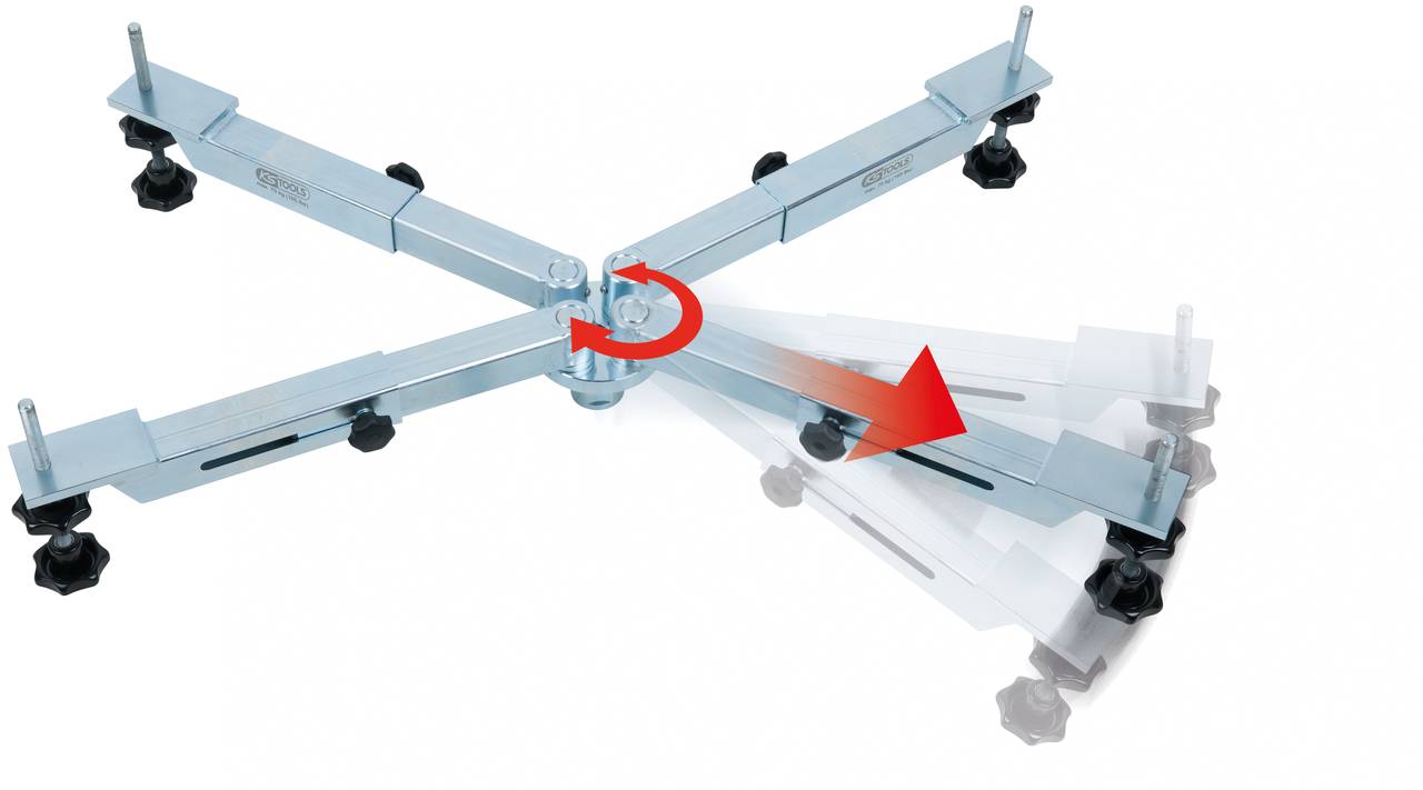 Regulowany wózek meblowy z obrotowymi ramionami i kółkami ułatwia przesuwanie ciężkich mebli. Czerwone strzałki wskazują kierunek ruchu.