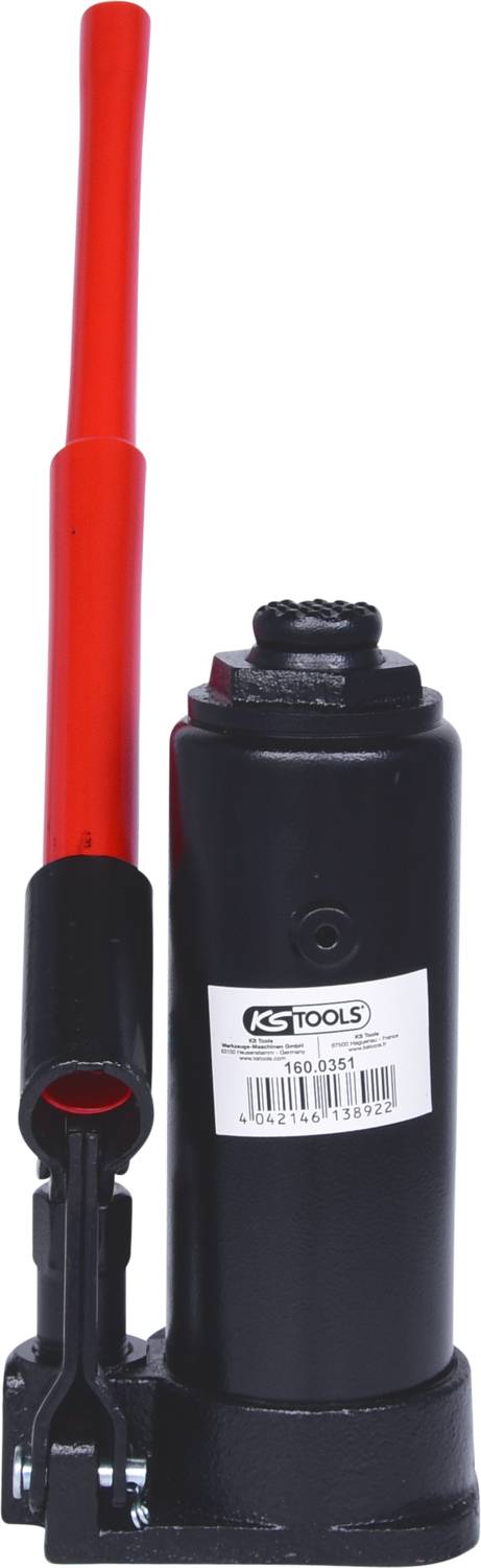 'Czarny podnośnik z czerwonym dźwignięciem stojący pionowo. Etykieta z napisem "KS Tools" na przedniej stronie.'