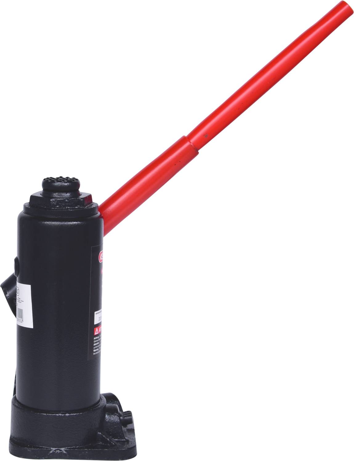 Podnośnik hydrauliczny z czerwoną dźwignią, służący do podnoszenia ciężkich ładunków.