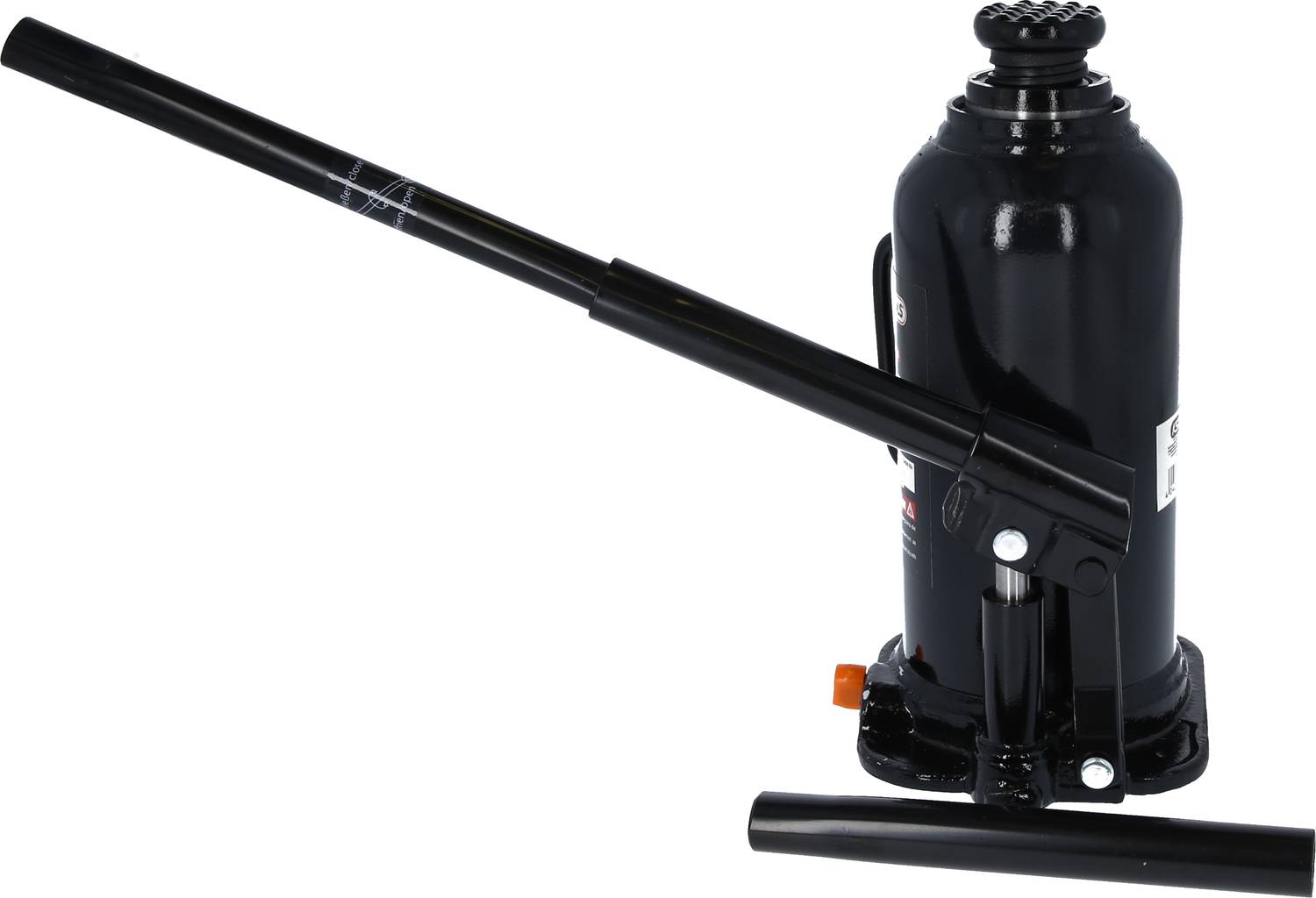 Czarny podnośnik samochodowy z dźwignią do regulacji wysokości, odpowiedni do podnoszenia ciężkich przedmiotów, na białym tle.