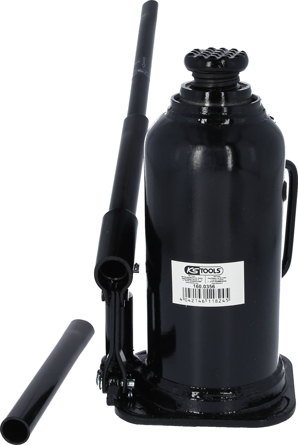 Czarny hydrauliczny podnośnik samochodowy z dźwignią, przeznaczony do podnoszenia ciężkich pojazdów. Etykieta produktu prezentuje markę i numer modelu.