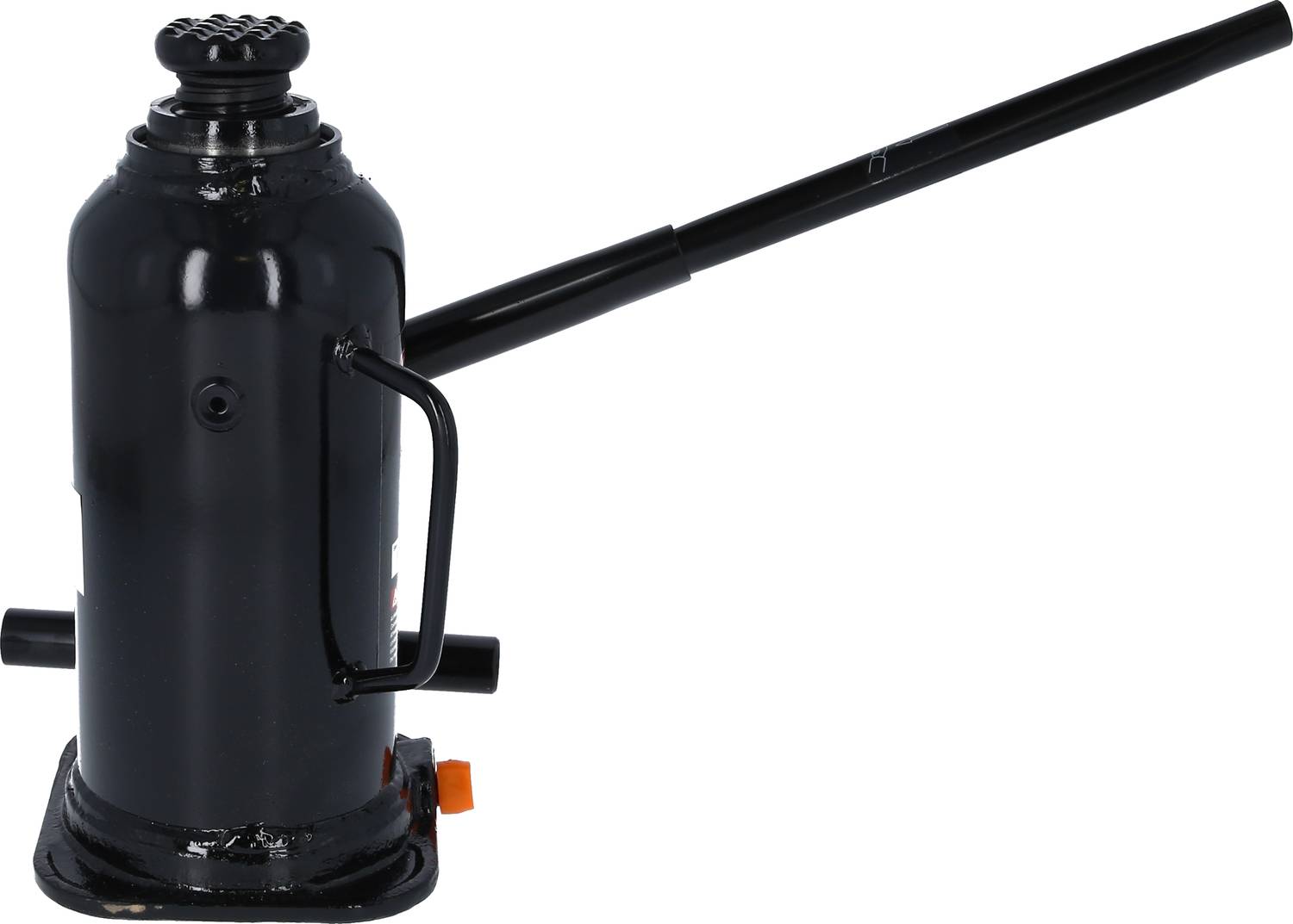 Czarny podnośnik hydrauliczny z bocznym uchwytem i długą dźwignią, przeznaczony do podnoszenia ciężkich ładunków.