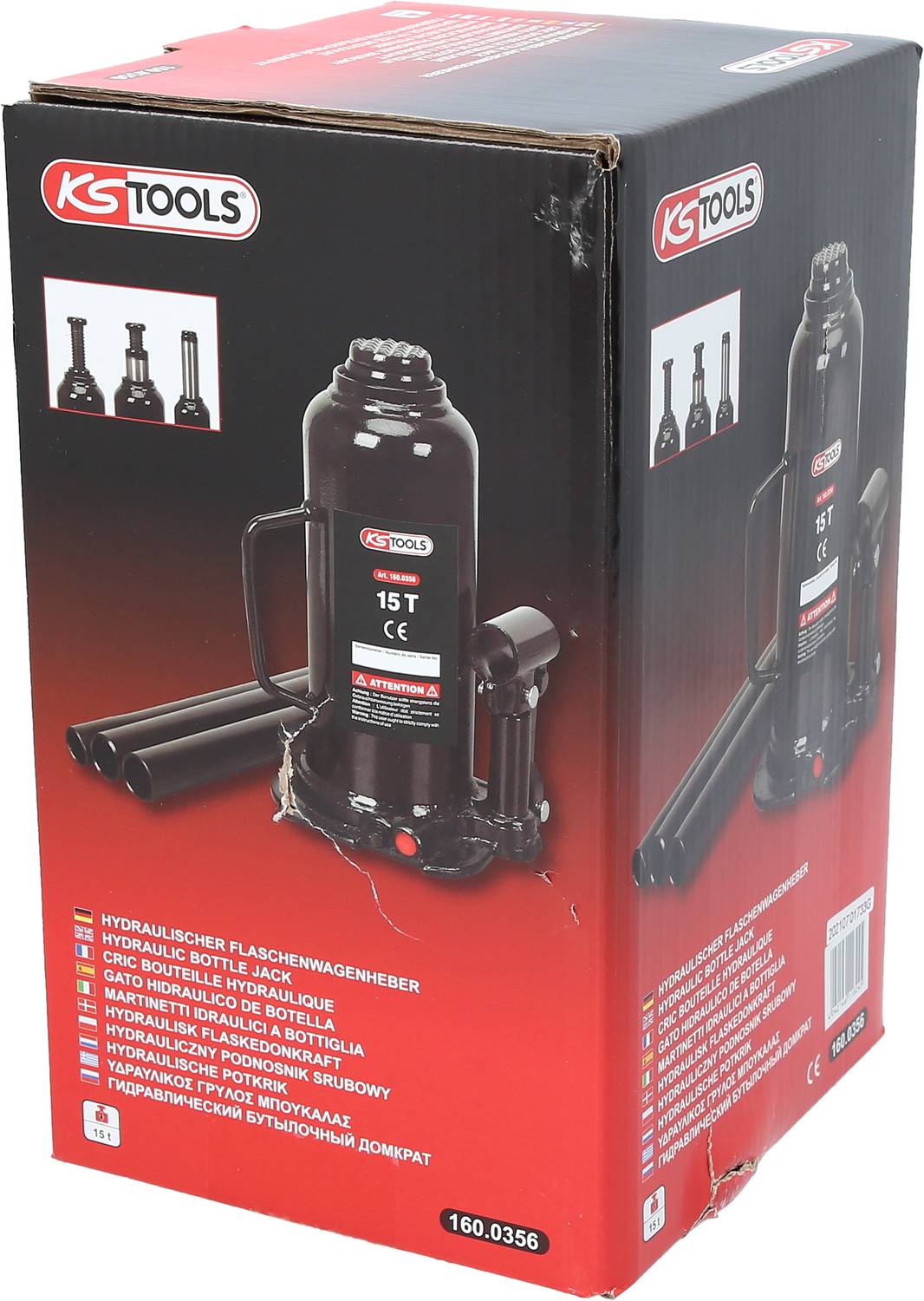 Opakowanie hydraulicznego wózka warsztatowego o udźwigu 15 ton, wyprodukowanego przez KS Tools. Zawiera zdjęcie produktu i listę funkcji.