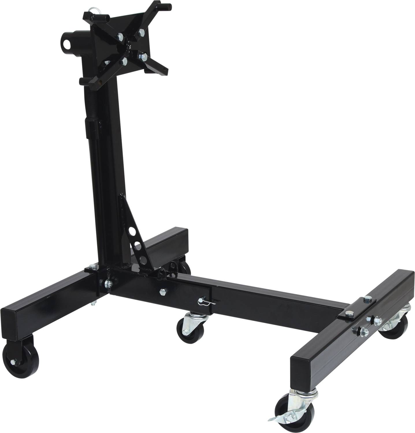 Czarny, regulowany metalowy stojak na kółkach, przystosowany do przechowywania lub transportowania ciężkich przedmiotów.
