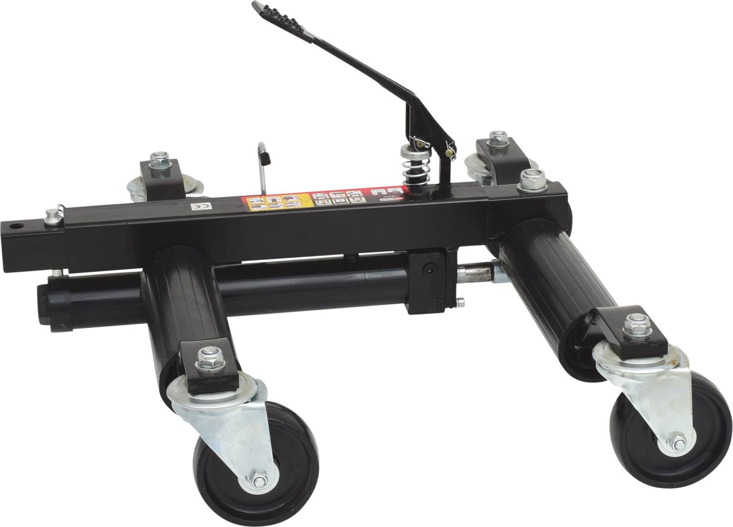 Czarny wózek warsztatowy z czterema kołami, przeznaczony do podnoszenia i przemieszczania ciężkich przedmiotów w warsztatach lub garażach.