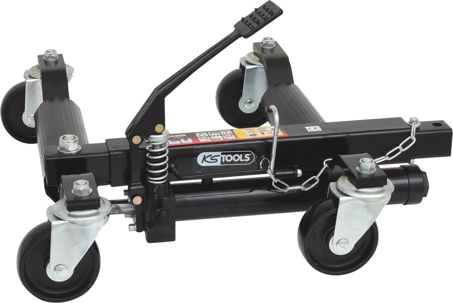 Czarny hydrauliczny podnośnik warsztatowy na czterech kółkach z dźwignią, przeznaczony do przemieszczania pojazdów w warsztatach.