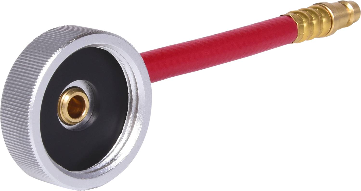 Adapter sprzęgła pneumatycznego z czerwonym przewodem i srebrnymi, żebrowanymi krawędziami. Przekształca połączenia między urządzeniami.