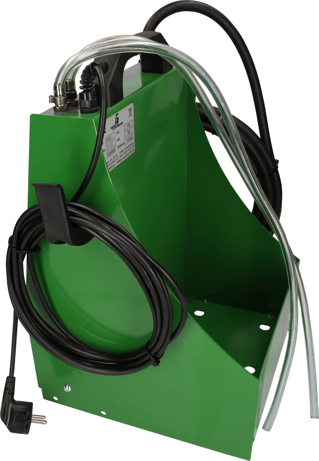 Zielona elektryczna maszyna z przewodem i rurami, prawdopodobnie przeznaczona do pompowania płynów. Odpowiednia do zastosowań profesjonalnych lub przemysłowych.