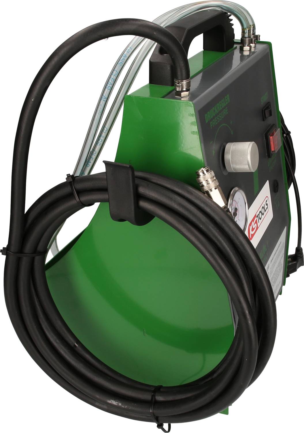 Zielony przyrząd pomiarowy do testowania ciśnienia z wężami i wskaźnikami do sprawdzania szczelności, widok z boku, przewód zwinięty.