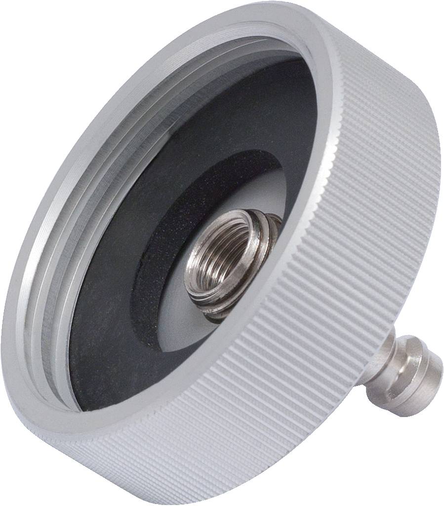 Metalowy adapter z karbowaną krawędzią, gwint centralny, prawdopodobnie do zamocowania przy innym urządzeniu.