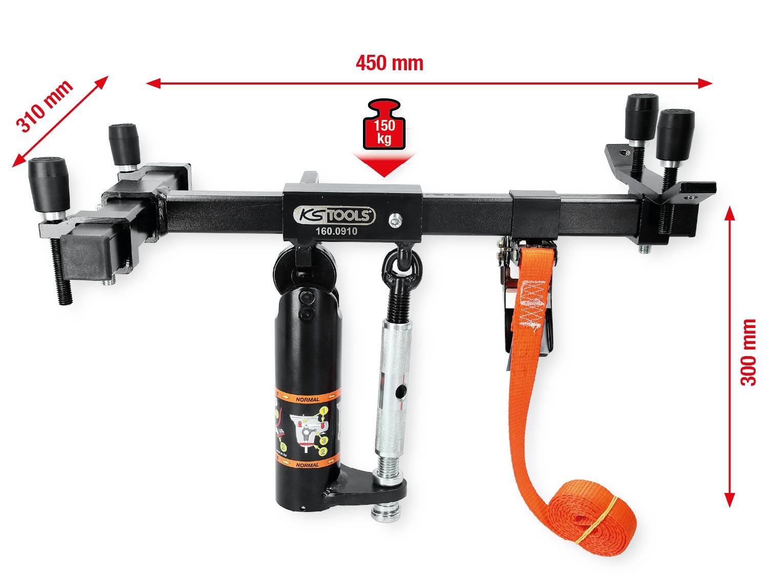 Rama dźwigowa o nośności 150 kg, szerokości 450 mm i wysokości 300 mm. Wyposażona w pasy i narzędzia do bezpiecznego mocowania.