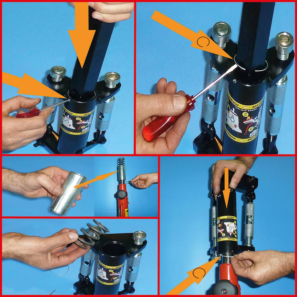 Montaż ściągacza: Sześć kroków przedstawia wkładanie poszczególnych części i mocowanie śrubami za pomocą różnych narzędzi.