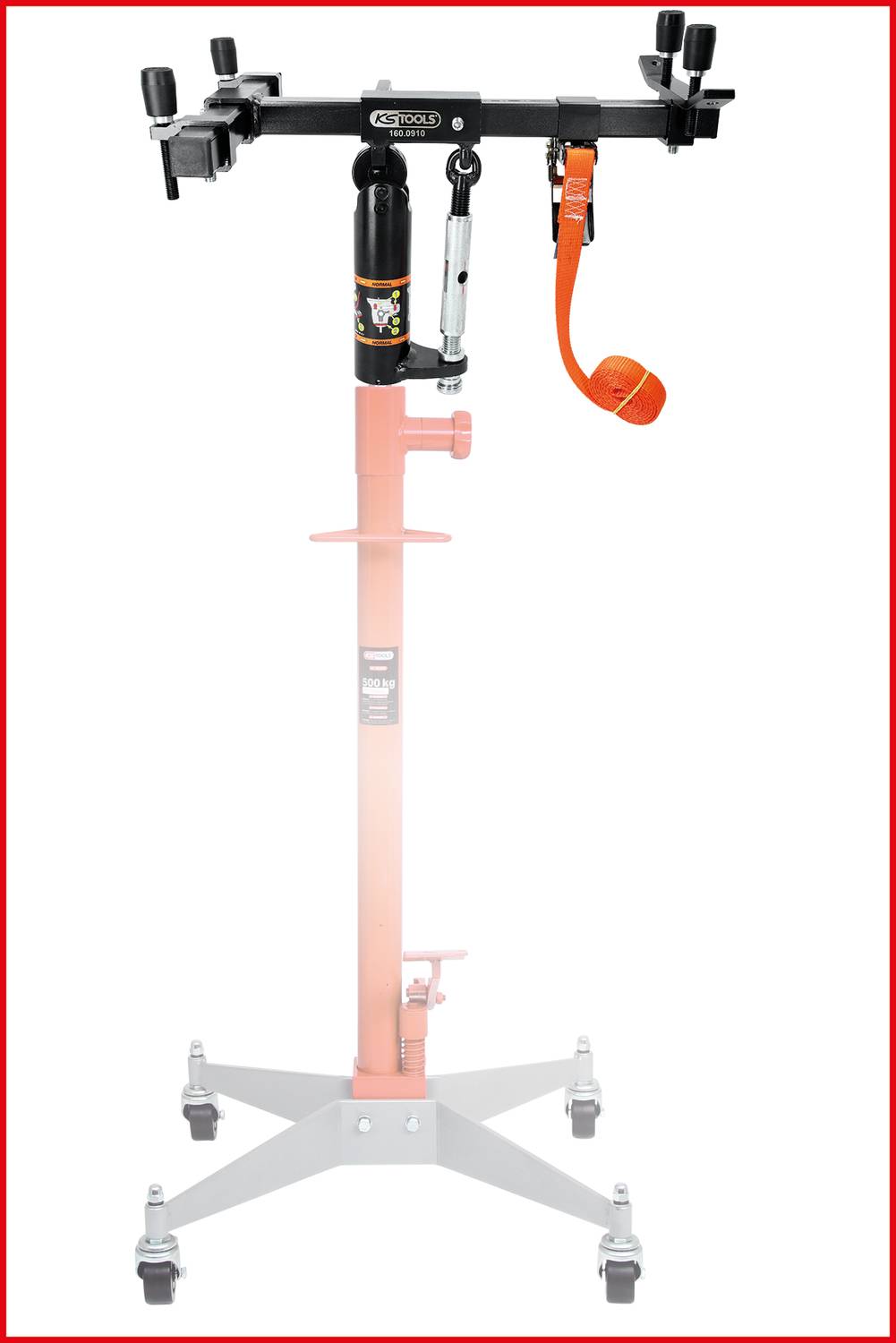 Regulowany stojak rowerowy z wieloma punktami mocowania i pomarańczowym pasem, osadzony na stabilnej podstawie.