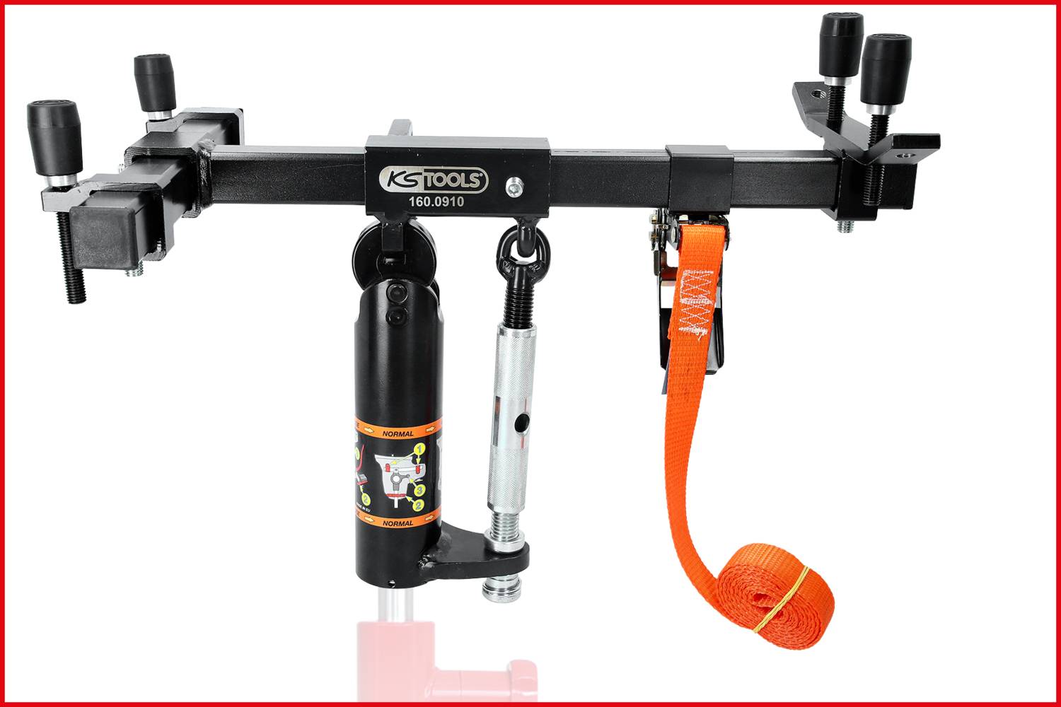 Czarny podnośnik silnika marki KS Tools z pomarańczowym pasem, przeznaczony do naprawy silnika. Podnośnik jest solidny i regulowany.