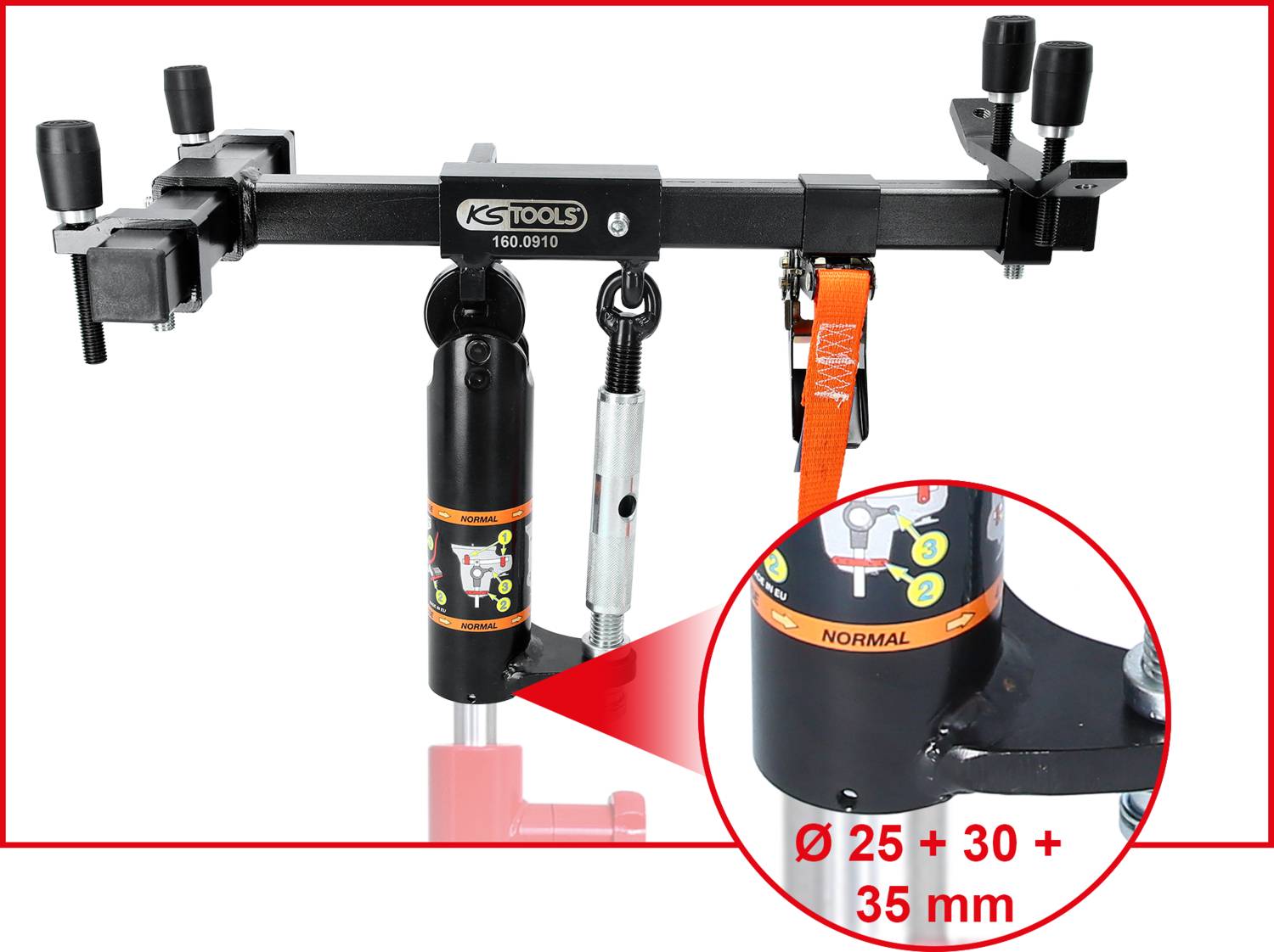 Kleszcze podporowe do silnika firmy KS Tools, czarne, z regulowanymi uchwytami i pasami, do bezpiecznego podtrzymywania części silnikowych. Zbliżenie prezentuje wymiary 25, 30 i 35 mm.