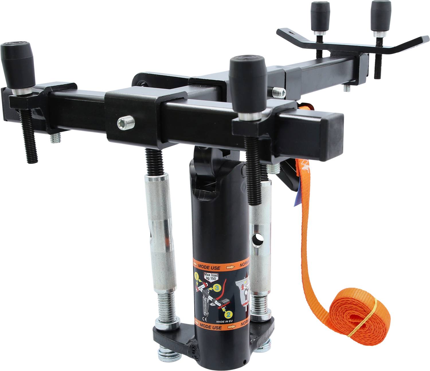 Stacja hydrauliczna do prostowania nadwozi, w kolorach czarnym i pomarańczowym, wyposażona w śruby napinające oraz uchwyty. Stosowana do naprawy uszkodzeń karoserii.