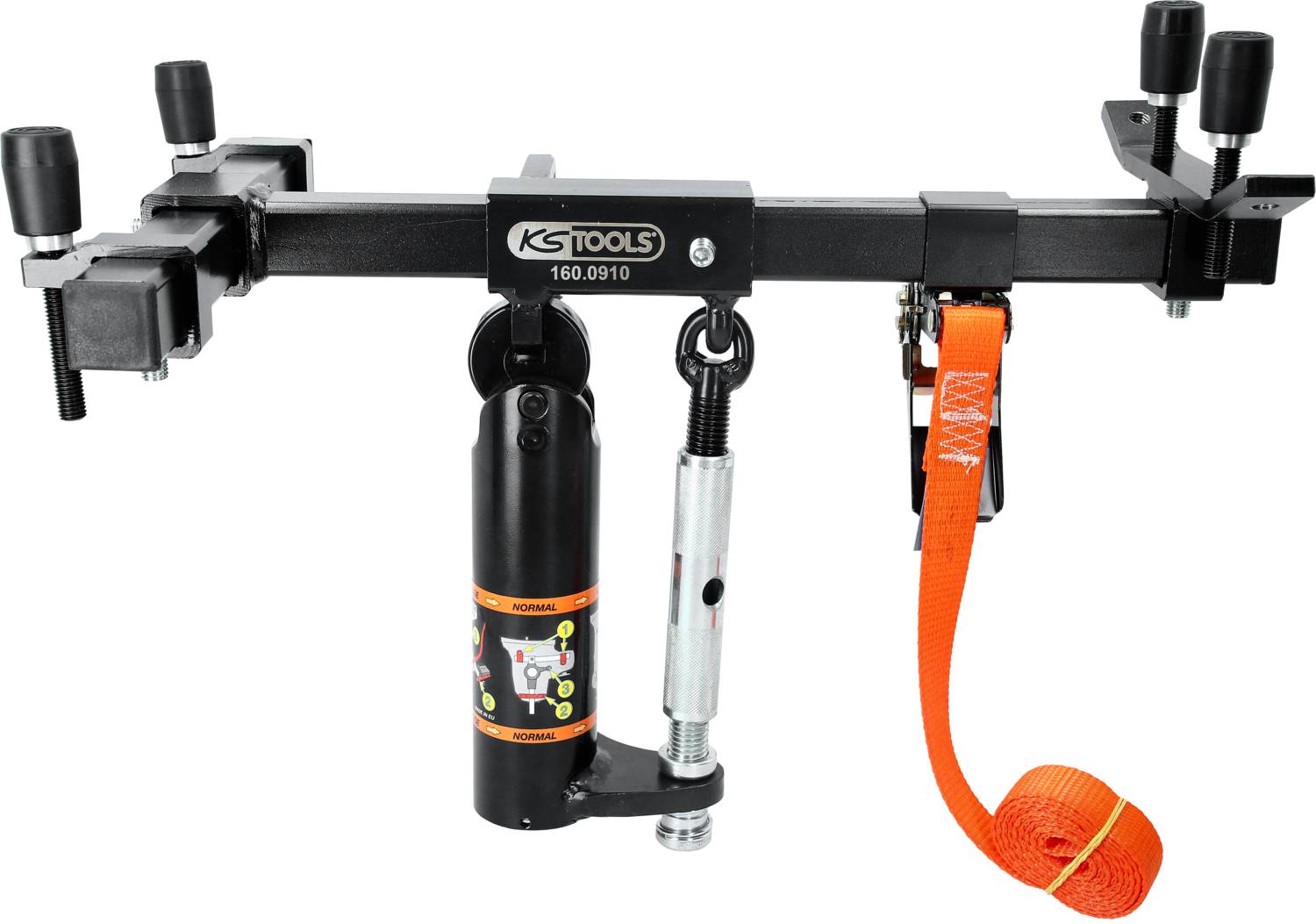 Podnośnik silnikowy z czarną ramą, kilkoma pokrętłami regulacyjnymi i pomarańczowym pasem, przeznaczony do serwisowania silników.