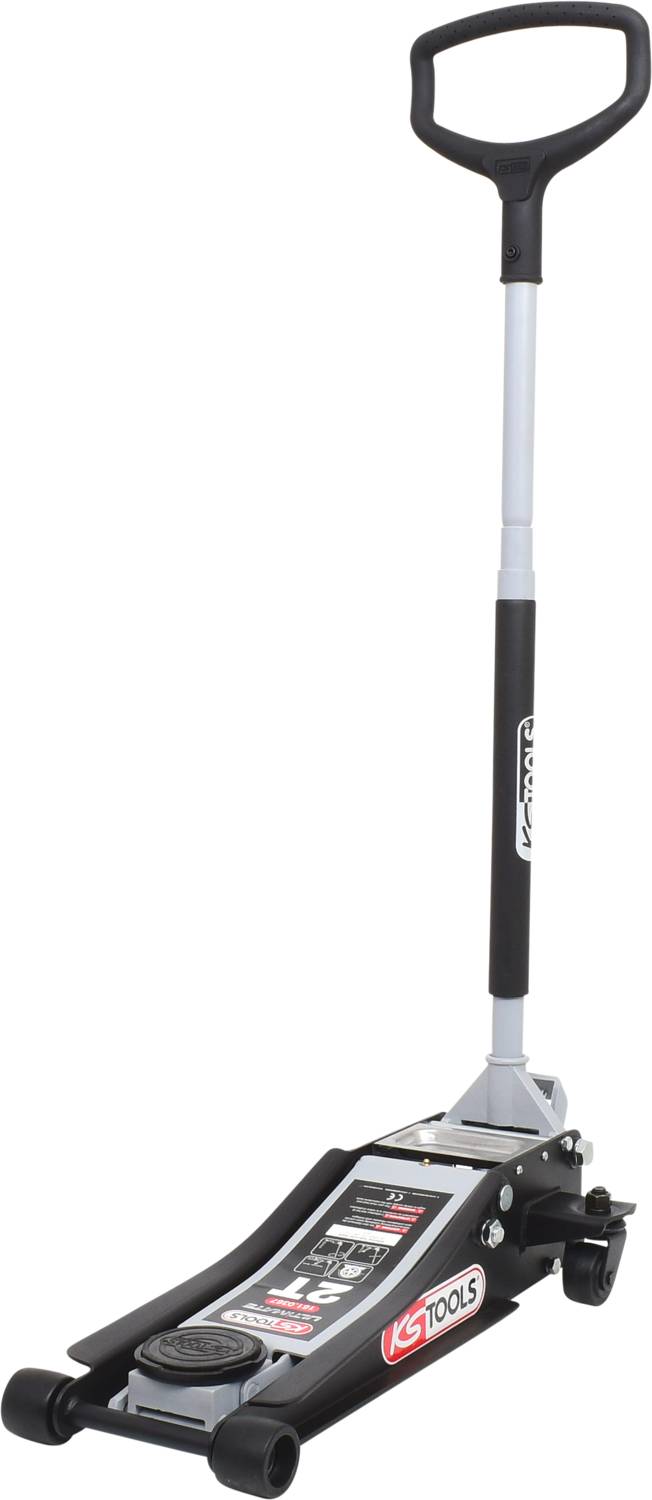 Podnośnik hydrauliczny z długą rączką, w kolorze srebrnym i czarnym. Odpowiedni do podnoszenia pojazdów w warsztacie lub garażu.