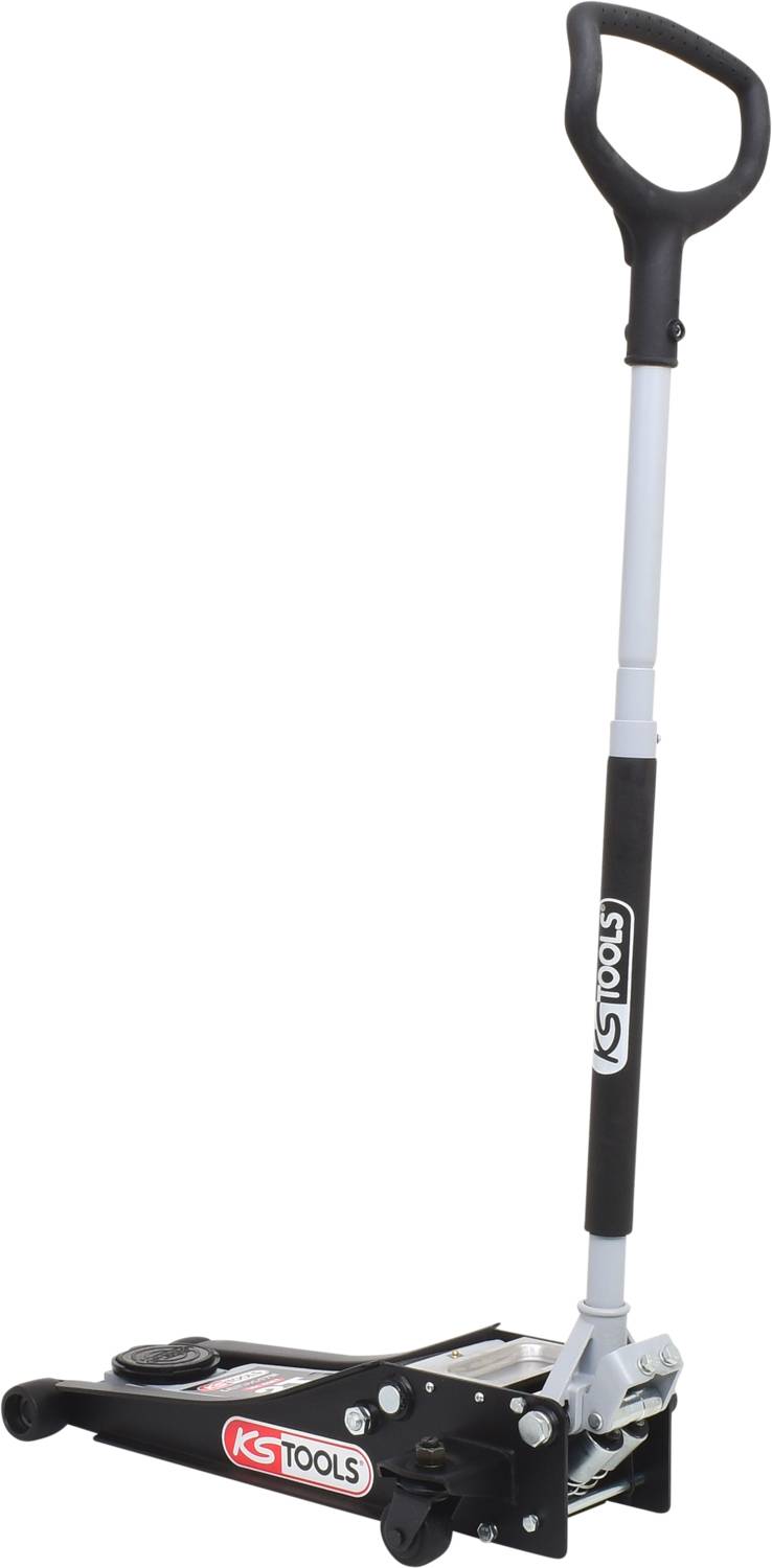 Podnośnik hydrauliczny z długą rączką i dwoma kołami, marki 'KS Tools', przeznaczony do podnoszenia pojazdów.