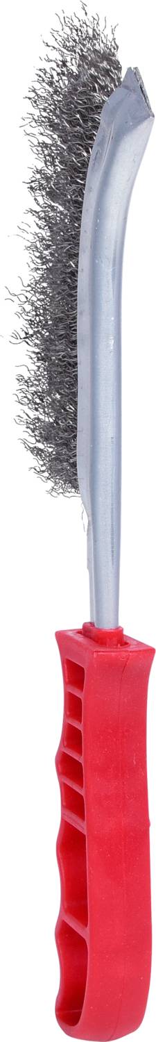 Stalowa szczotka z długą czerwoną rękojeścią i srebrzystymi metalowymi włoskami, odpowiednia do usuwania rdzy lub brudu z powierzchni metalowych.