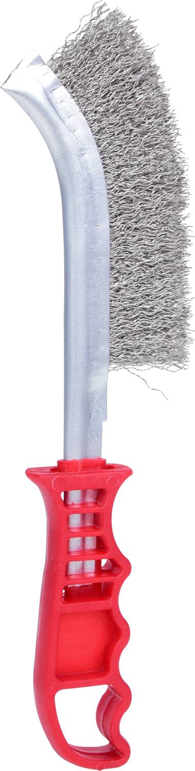 Rdza usuwająca szczotkę drucianą z wygiętym metalowym korpusem i gęstymi stalowymi włoskami, odpowiednią do intensywnych prac czyszczących.