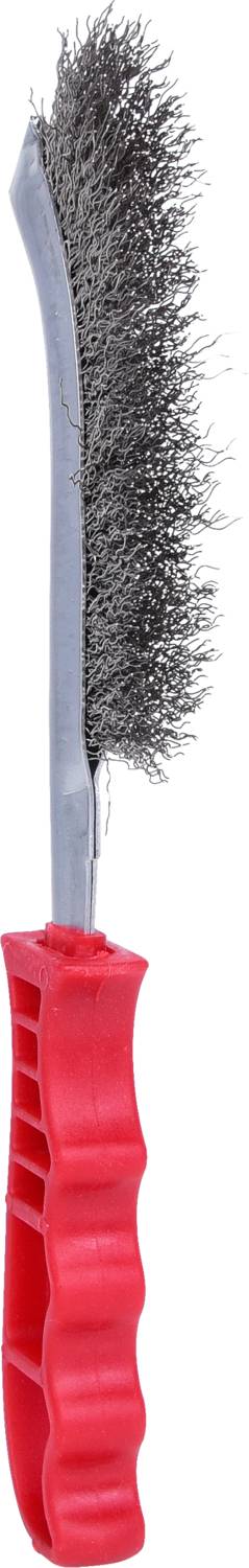 Szczotka druciana z czerwonym uchwytem, zakrzywionym metalowym trzonkiem i gęstymi włoskami, odpowiednia do czyszczenia powierzchni lub usuwania rdzy.