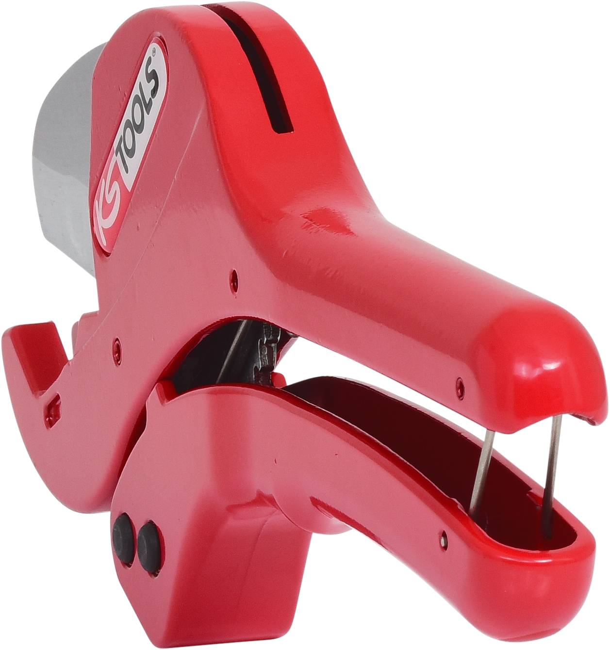 Czerwony, plastikowy rozwijacz taśmy pakowej z elementami metalowymi do szybkiego rozwijania i cięcia rolek taśmy klejącej.