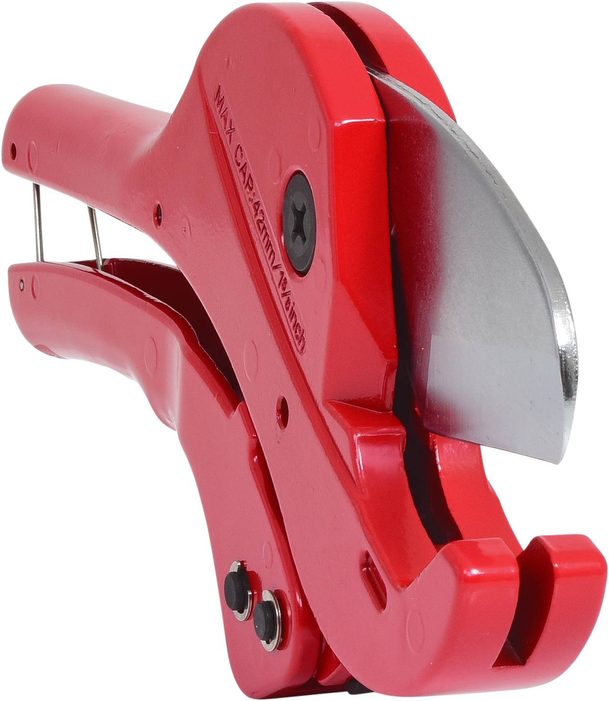 Metalowo-plastikowe szczypce hydrauliczne do cięcia rur w pozycji otwartej.