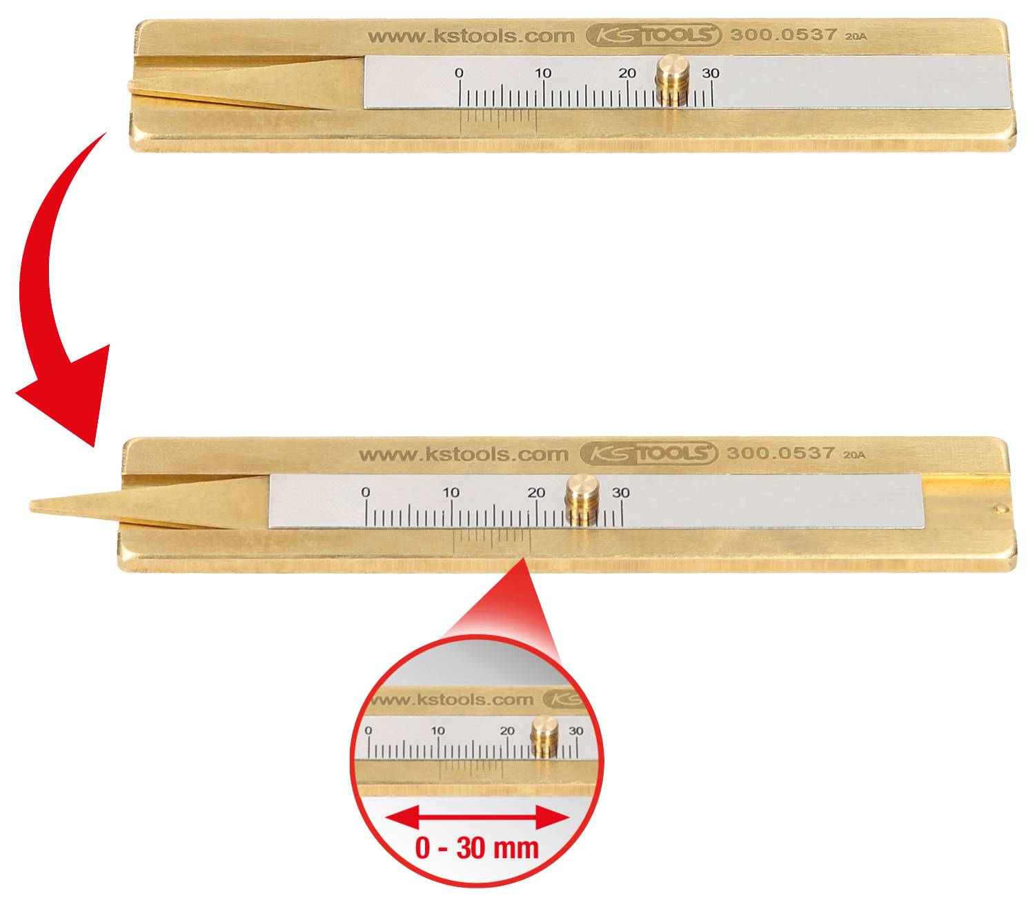 Przyrząd pomiarowy do pomiaru głębokości, pokazujący skalę od 0 do 30 mm. Oznaczenie przy 25 mm wyróżnione powiększonym wycięciem.