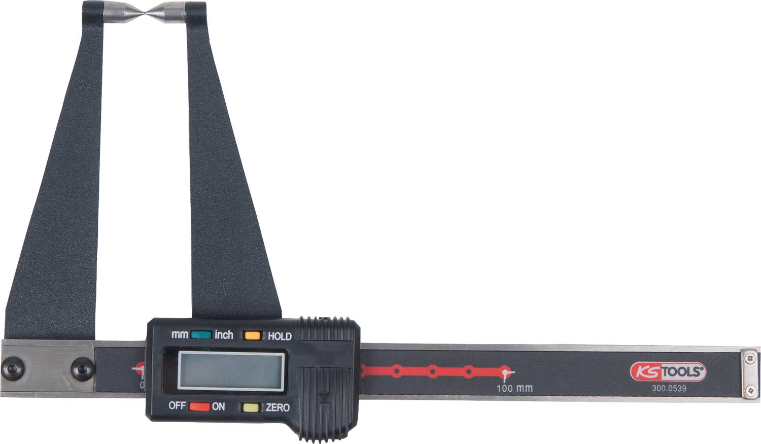 Cyfrowy suwmiarz z wyświetlaczem LCD pokazujący pomiary w milimetrach i calach, oznaczony skalą 100 mm, marka KS Tools.