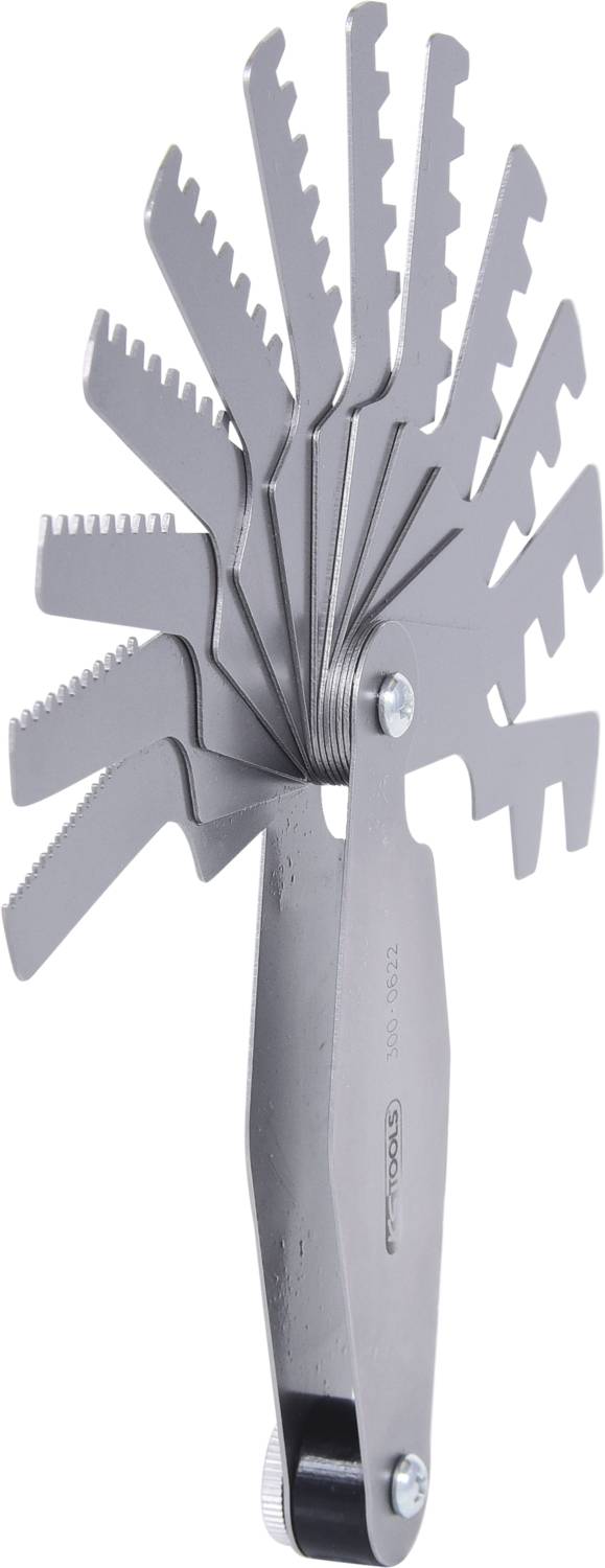 Narzędzie do cięcia metalu z wieloma ząbkowanymi ostrzami, ułożonymi w kształcie wachlarza, nadające się do delikatnych i precyzyjnych prac.