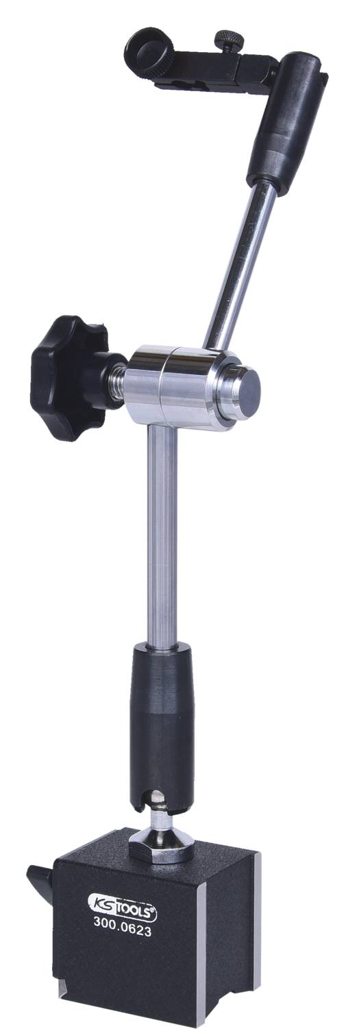 Regulowany magnetyczny stojak pomiarowy z przegubowym ramieniem i uchwytem skali, odpowiedni do precyzyjnych pomiarów w warsztatach lub laboratoriach.
