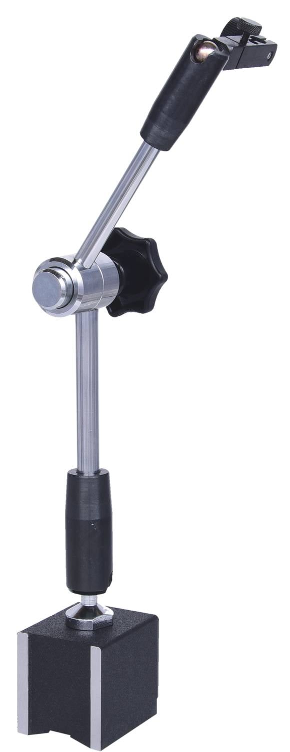Magnetyczny uchwyt statywu pomiarowego z regulowanym ramieniem i zaciskiem, przeznaczony do mocowania przyrządów pomiarowych na powierzchniach metalowych.