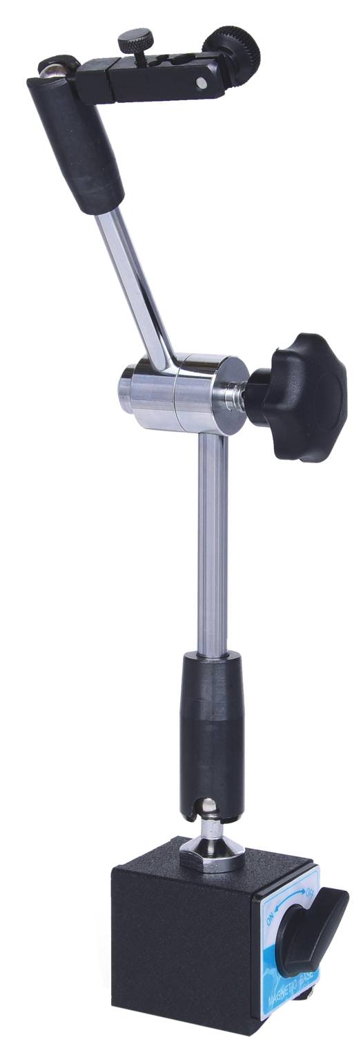 Magnetyczny uchwyt z regulowanym ramieniem i pokrętłami, wykonany głównie z metalu i tworzywa sztucznego, przeznaczony do precyzyjnych pomiarów technicznych.