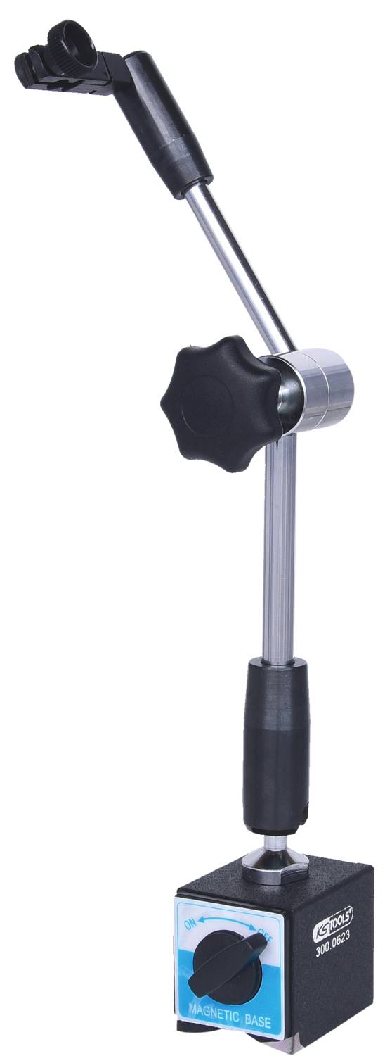 Stopka magnetyczna z regulowanym ramieniem, przeznaczona do bezpiecznego mocowania przyrządów pomiarowych na powierzchniach metalowych.