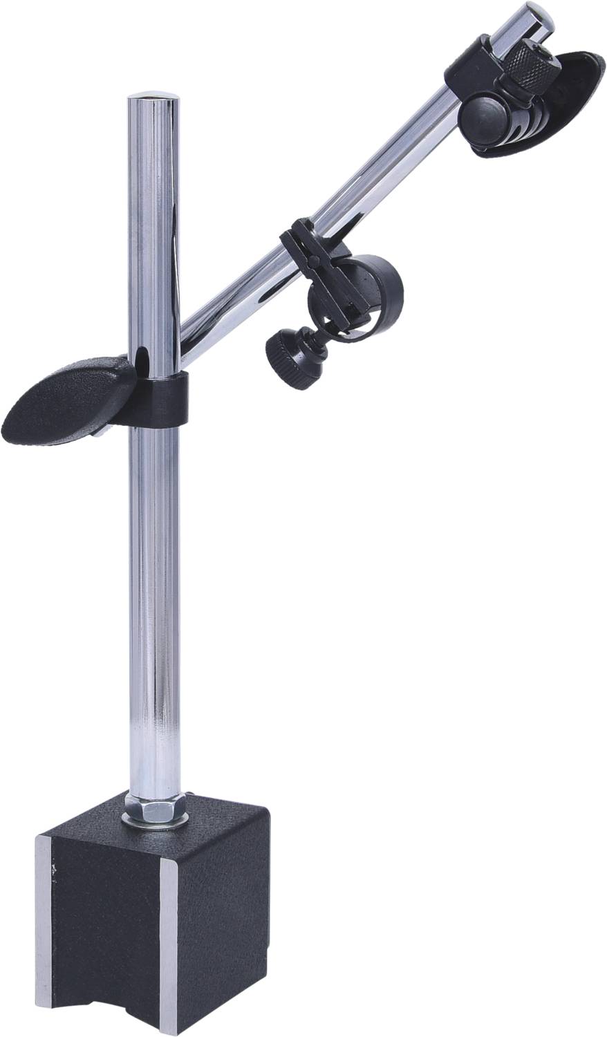 Metalowy statyw mikrofonowy z regulowanym ramieniem i czarną podstawą.