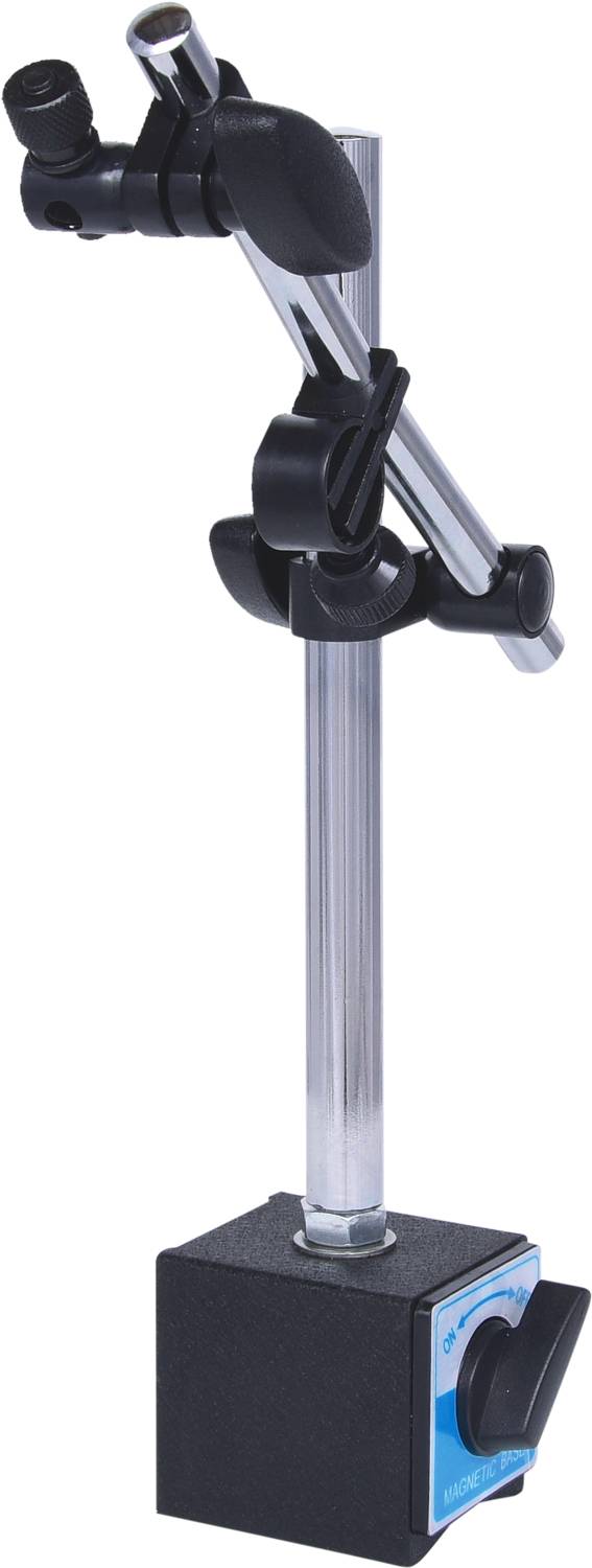 Uchwyt z podstawą magnetyczną i regulowanym ramieniem do mocowania przyrządów pomiarowych, przeznaczony głównie do precyzyjnego pozycjonowania w warsztatach.