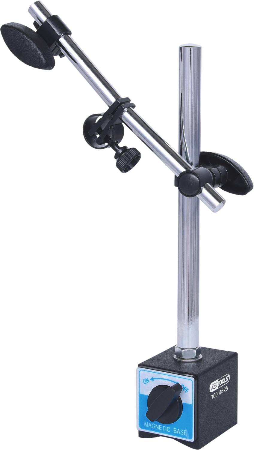 Magnetyczny statyw pomiarowy z regulowanym ramieniem i podstawą. Stosowany do precyzyjnego pozycjonowania w technice pomiarowej.