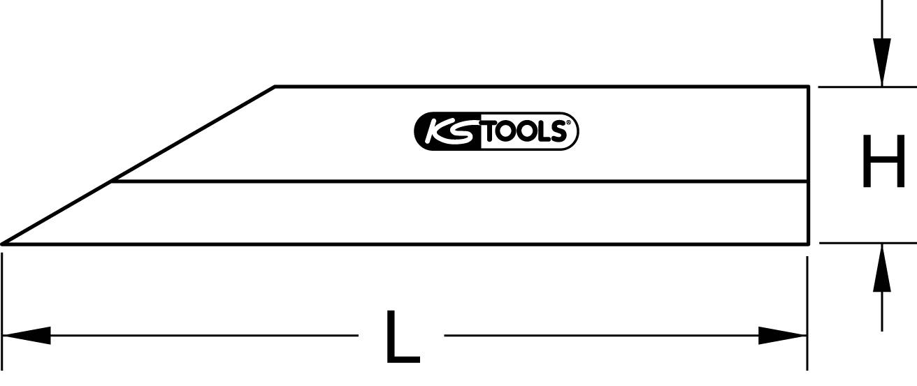 Schematyczny rysunek narzędzia klinowego z logo „KS Tools". Długość (L) i wysokość (H) są oznaczone strzałkami.