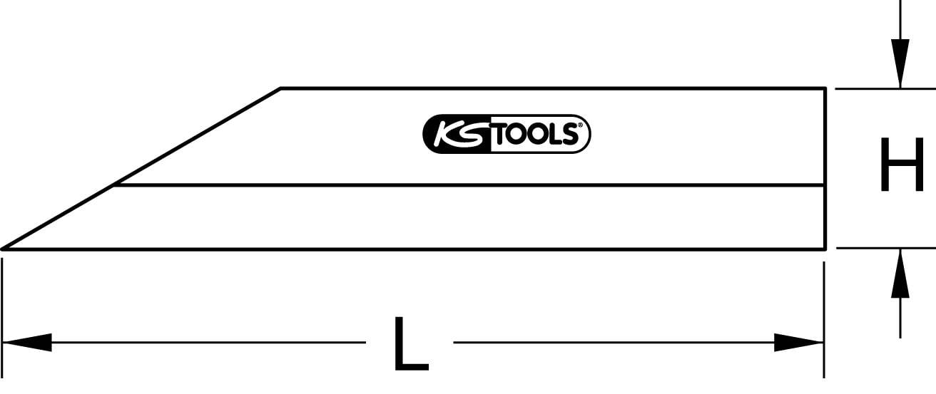 Rysunek techniczny ostrza trapezowego z wymiarami długość 'L' i wysokość 'H'. Logo 'KS TOOLS' jest umieszczone pośrodku.