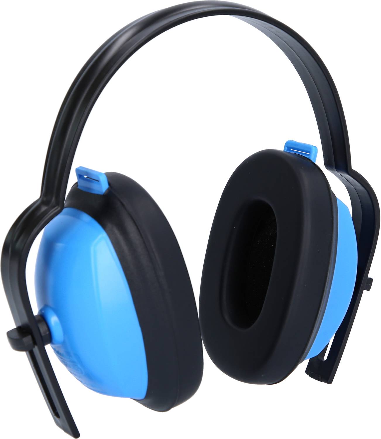 Czarno-niebieskie nauszniki ochronne przeciwhałasowe, redukujące hałas, przedstawione na białym tle.