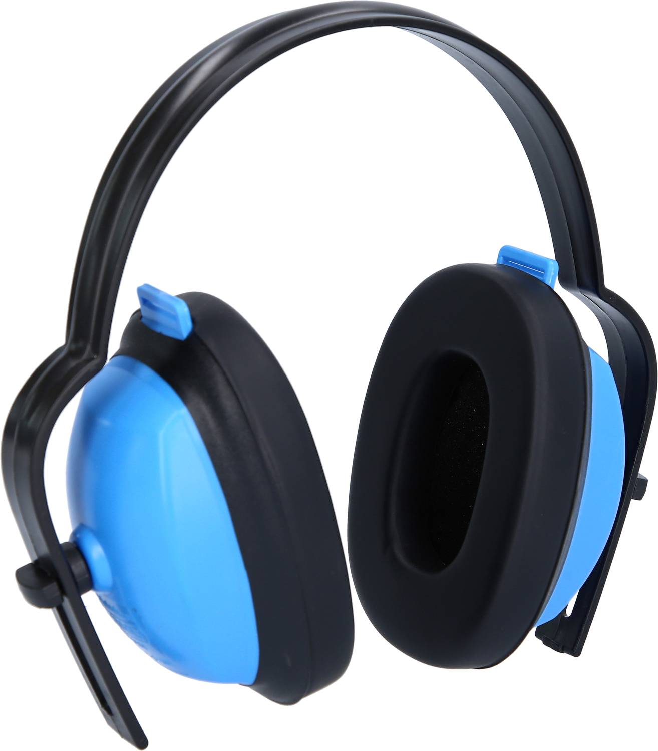 Niebieski ochronnik słuchu z czarnymi poduszkami i regulowanym pałąkiem. Idealny do redukcji hałasu.